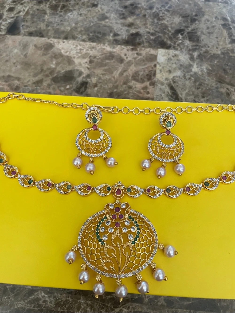 Gold-Tone Pearl & Ruby Accent Necklace and Earring Set